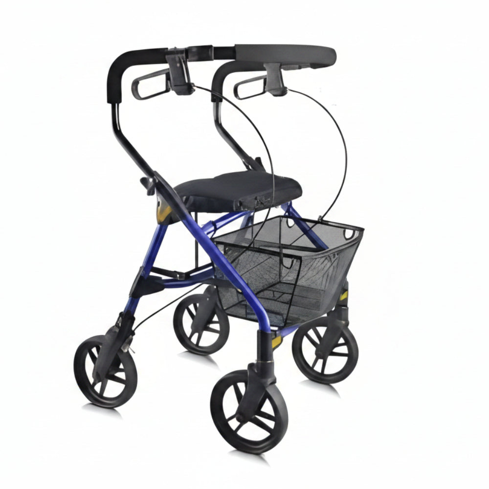 Blue Evolution Piper Series lightweight aluminum rollator walker with storage basket.